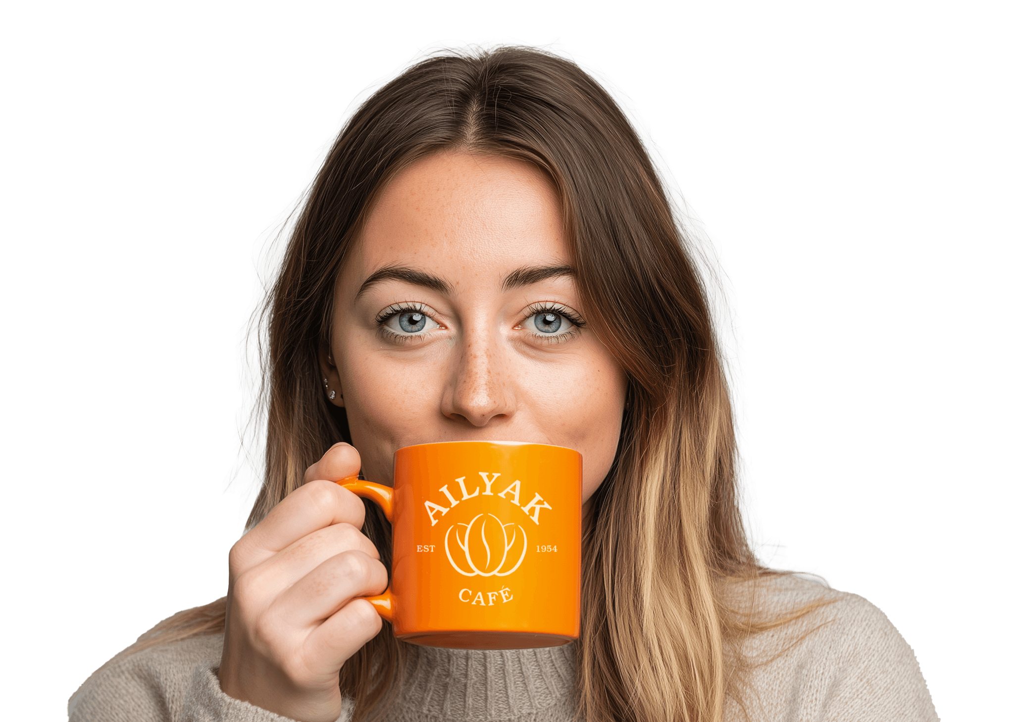Woman drinking from branded promotional mug
